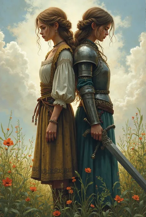 the girl on the left side is an ordinary peasant, and on the right side is a girl in armor and a sword. bright and light colors on the left, greenery and flowers, dark colors and sadness on the right. stand with each other's backs