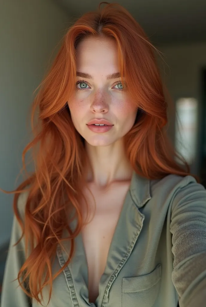 Realistic Photo [woman], [18 years old], [“yara“], [green], [redhead], [curved body], She is natural, She is natural and ultra realistic, She is Photogenic and model, She is taking a selfie, photo for Instagram post.