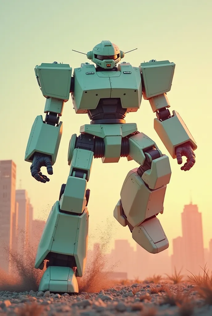 Retro anime-style mecha robot, inspired by 80s and 90s designs. Fully matte finish with pastel color palette including mint green, pale pink, and sky blue. The structure is angular with geometric panels, minimal detailing emphasizing vintage simplicity. Th...