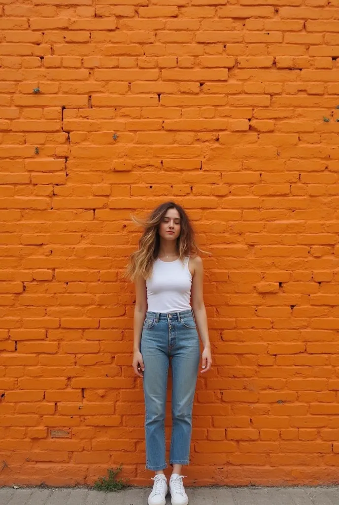 there is an orange brick wall in front of the girl and further away from the girl. girl's legs are split . her hair looks wavy with a bit of air.  