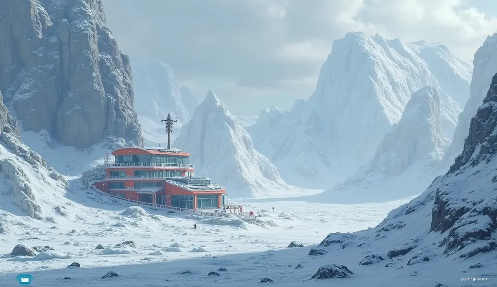 A visualization of extreme cold: swirling icy winds, a frozen research outpost, and the harshest environment on Earth