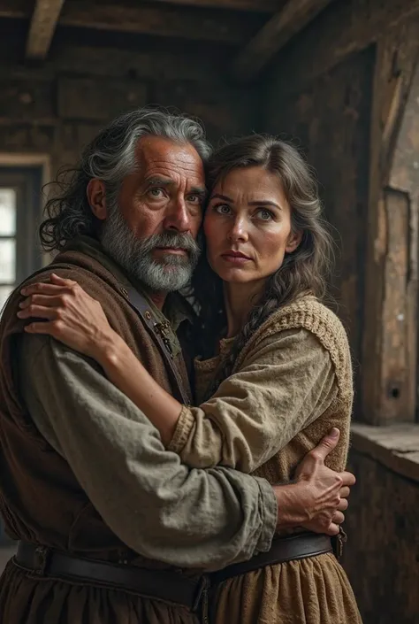 a bearded peasant lady and man hugging each other scared and frightened with fear inside their realistic country house