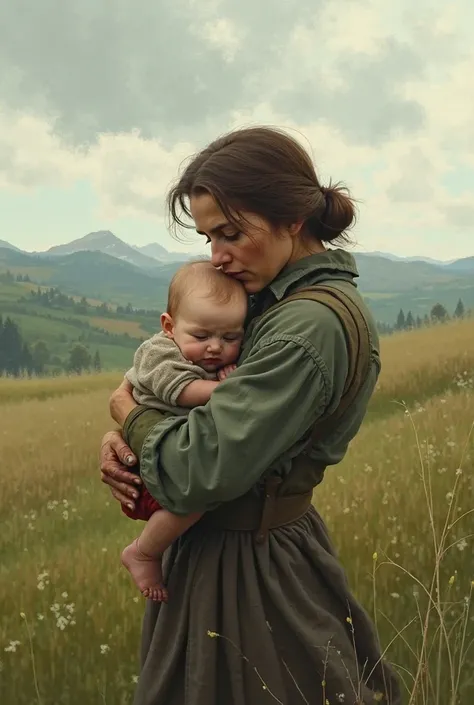 Une image dans une campagne Norvegienne pendant la guerre. La mère protège et câline son bébé 
