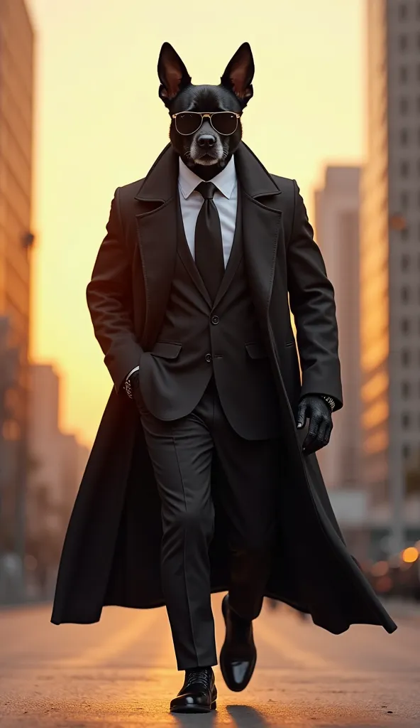 A powerful and charismatic anthropomorphic black-furred dog walking with the confidence of a true CEO. The dog has a strong, well-groomed physique, piercing eyes full of authority, and a smirk that exudes absolute dominance. Its sleek, jet-black fur contra...