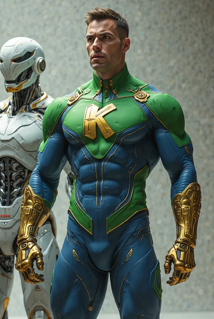 Kamuf green and blue superhero with gold bracelets on his wrists and a letter k on his chest in the company of biotec Android in white, gray and yellow. 