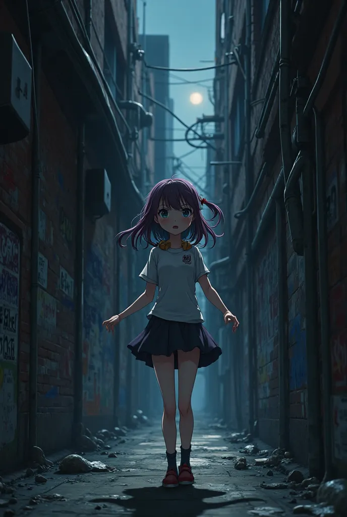 An anime girl trapped in the corner while fleeing thieves in the alley