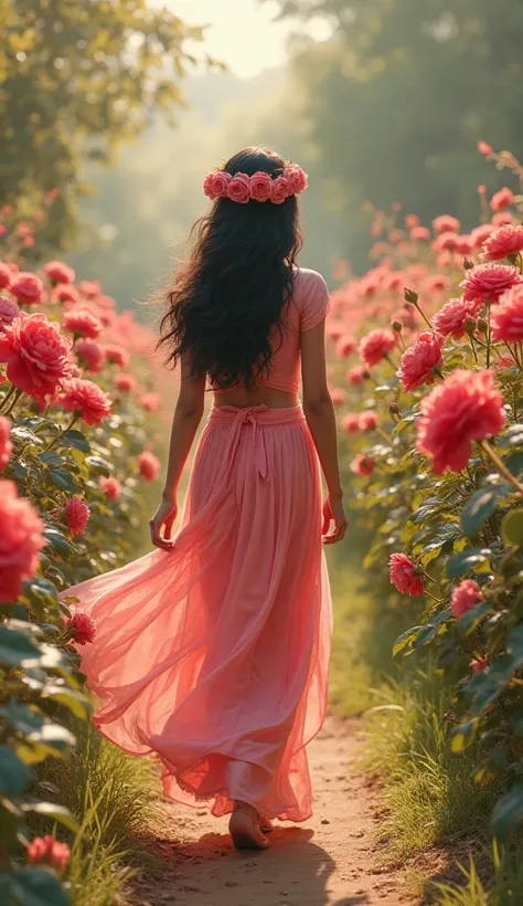 An Indian girl wearing a long pink dress with a slit in the front is walking through a rose garden full of red roses, and she has a crown of red flowers on her head.