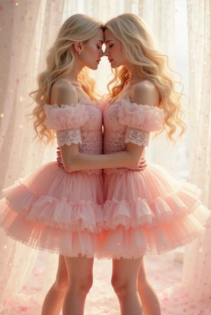 Two adult women with blonde hair are wearing frilly ruffled tulle lace bridal cheerleader ballerina pink leotard underwear with puffball sleeves and lace stockings.  