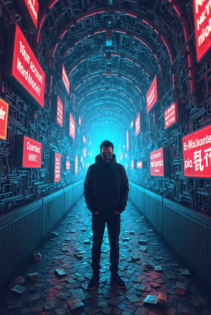 “A man stands in a tangled maze of digital tunnels, whose walls consist of bright advertising banners, pop-up notifications and tempting offers: “Easy money!”, “Guaranteed win!”, “Your account is blocked, pay urgently!”. In the center of the labyrinth, a d...