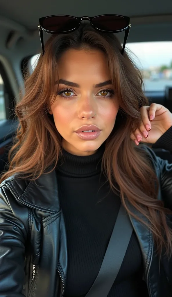 A breathtaking woman with intense, almond-shaped amber-brown eyes that radiate mystery and confidence. Her full, well-defined lips have a natural, velvety hue, complementing her smooth, sun-kissed skin with a subtle golden glow. She has high cheekbones and...