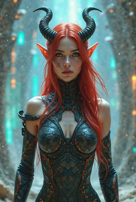 Sci-fi female elf with horns that has nose runes and ruby colored hair