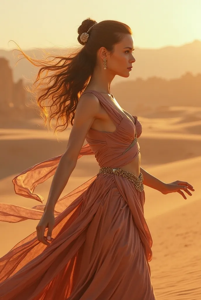 Daisy Ridley as King Skywalker, Dressed as a sexy Arab ballerina, dancing in the Tatoine desert, Wide angle,  rendered in octane ,  volumetric lighting , Golden ratio,  intricate details, flap of hair, 3D image, resolution 64K.  photographic style : Nikon ...