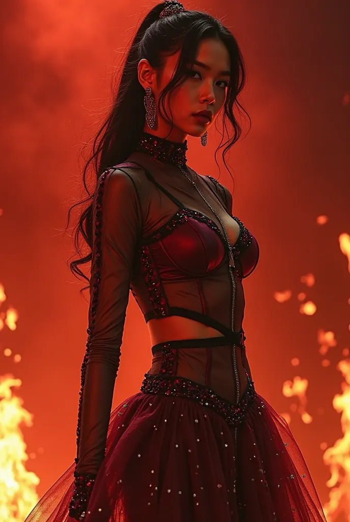 Create fire-themed kpop outfits, en Bordeaux et noir 