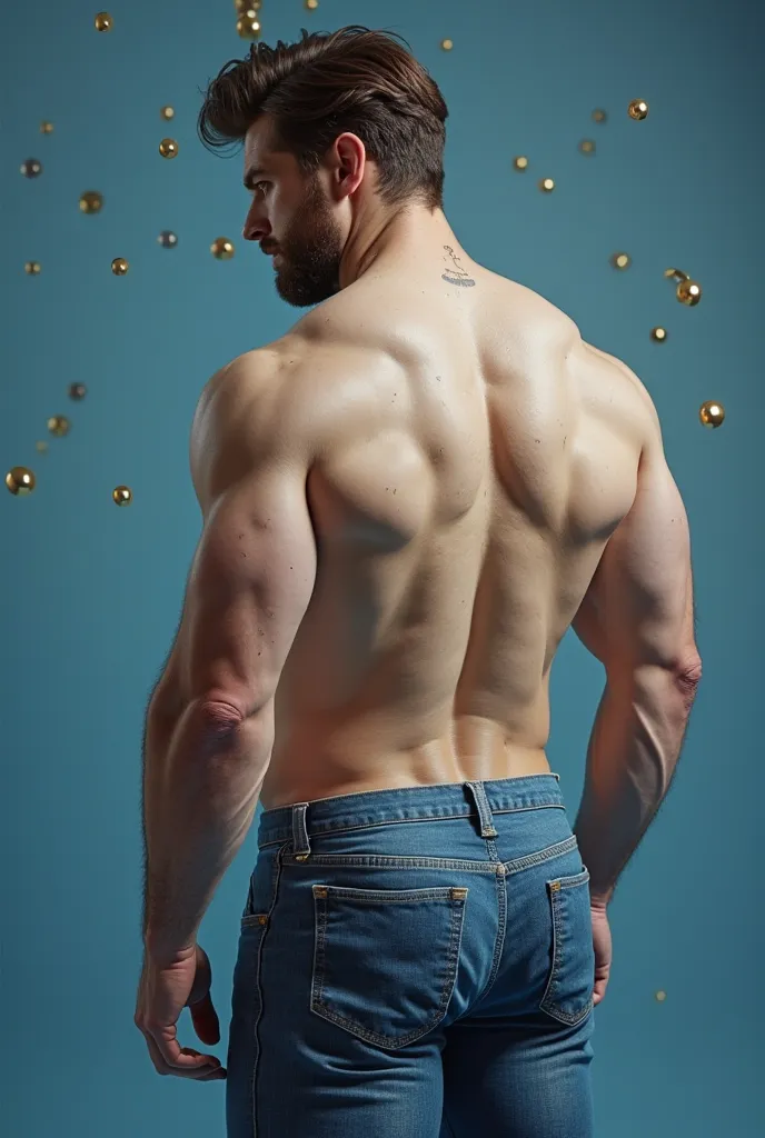 hyperrealistic image,  Handsome white man , around 2, beard ,  Dark brown wavy hair, similar to Henry Cavill muscular body. . light shirt,  tight blue jeans  (((big bubbly ass ))) (((rear))) , rear , big Bubble butts, big buttocks, Close up blue background...