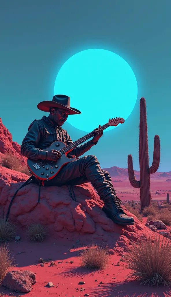 “A Martian cowboy lounging on a red rock, playing a space guitar under a blue sunset on the horizon, the sky changing from a deep blue near the blue Sun to a darker shade further away near the horizon. with an alien cactus-shaped plant swaying to the music...