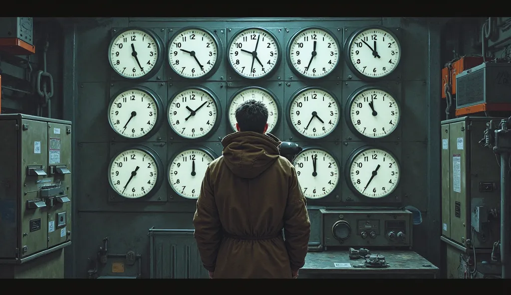 A researcher inside an Antarctic base, looking at multiple clocks showing different time zones from around the world