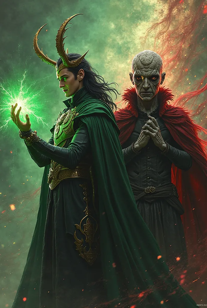 In this impressive image , Loki and Shigaraki Tomura stand side by side, exuding an air of chaos and unpredictability. the background is dark and threatening, with green and red energy crackling in the air, suggesting the power that both villains wield.

L...