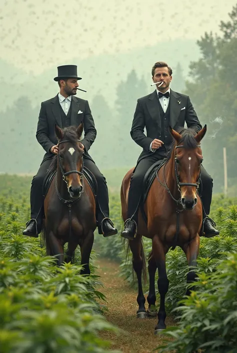 Create photo of two elegant gentlemen riding horses smoking cannabis in front of a cannabis farm
