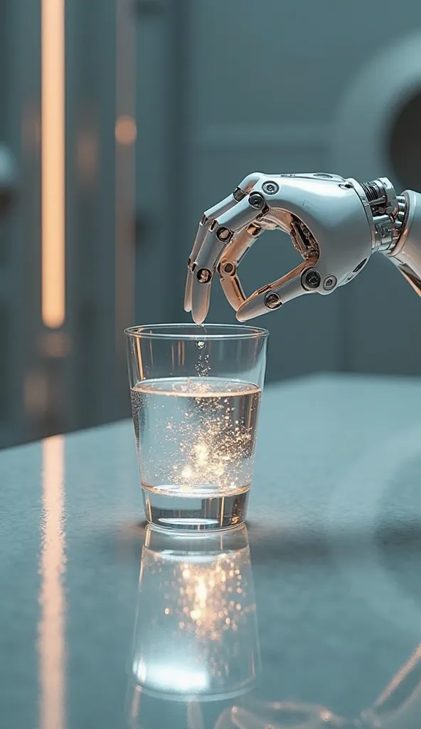 "A futuristic robotic arm gently touching a glass of water with soft, glowing light emanating from the water."
Camera Shot: Close-Up, Camera Lens: 50mm, AR: 16:9