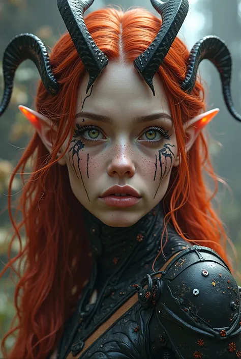 Sci-fi female elf with horns that has nose tattoos and ruby colored hair with fiery crimson eyes 