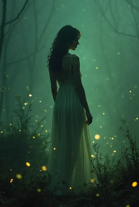 A lonely mysterious beautiful female figure dressed in a transparent dress, standing in a (mysterious, dark landscape) that exudes an air of solitude and isolation, with (fireflies) fluttering around and ( glowing particles) suspended in the air, creating ...