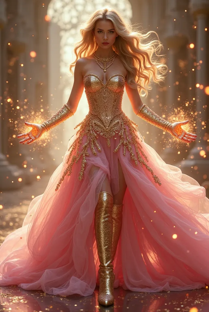 A gorgeous female with a gorgeous powerful sparkling pink and gold dress with powerful sparkling gold gloves and boots using flyability and using magical powers and She is flying like a boss and She is a savage Queen She is using magical powers generate ma...