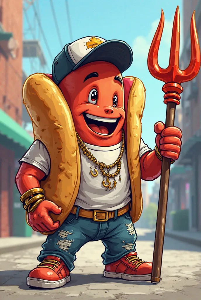 Create a cartoon hot dog logo and dress it up in urban clothing , that has chunks and is holding a trident