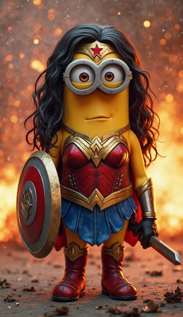 "A minion dressed like Wonder Woman, with detailed armor in red, gold and blue, holding a shield and sword. The background should have fire and sparks, creating a dramatic effect. The minion's expression should be serious and heroic."