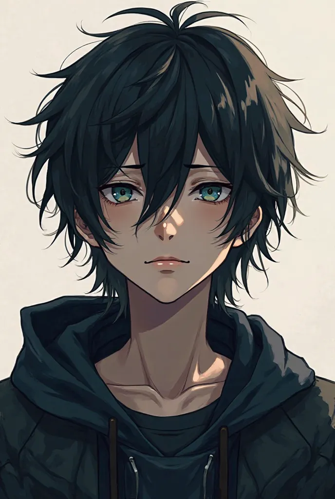 Draw an anime boy with long messy hair look little tired but look like a little emo