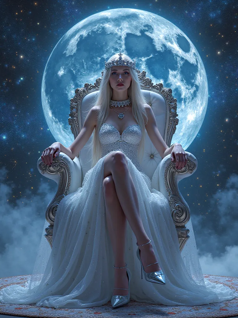 Queen of lunar  with long starry night dress  , sitting throne , long sexy legs with glass  high heels, she elbows on the throne , she wears diamond headband , legs crossed  , universe background