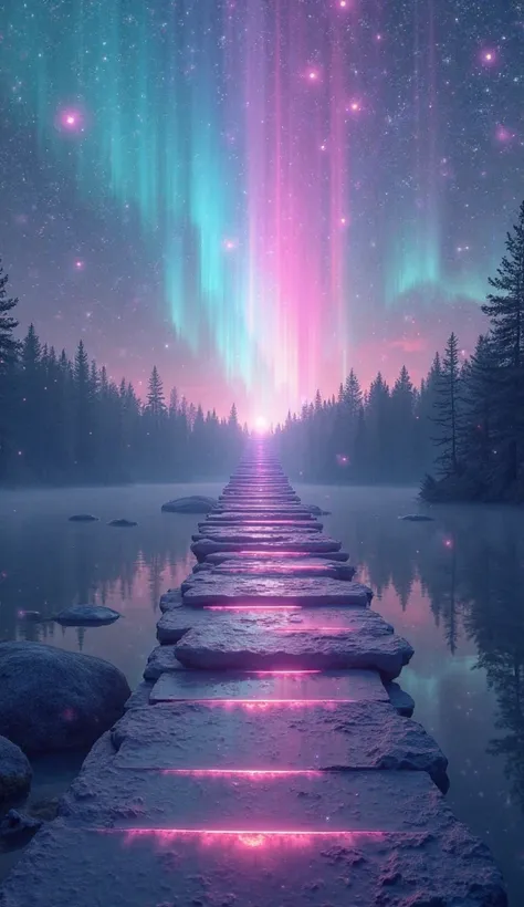 A glowing, ethereal staircase leading into a colorful aurora sky, with floating lights and soft reflections on a calm lake below."
Camera Shot: Wide Angle, Camera Lens: 35mm, AR: 16:9