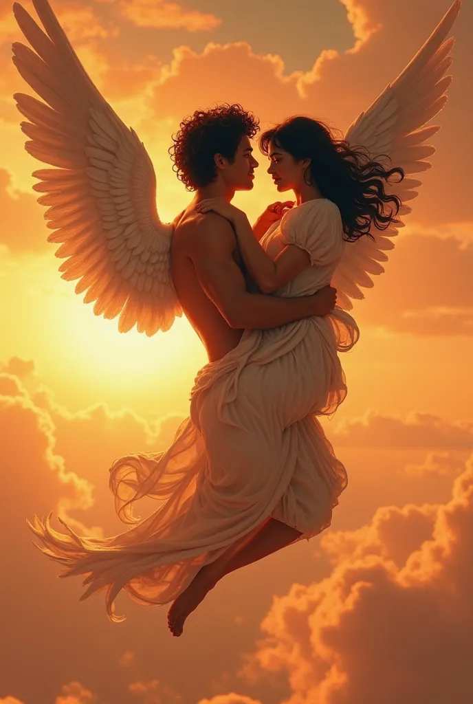 I want Eros / Cupidon le dieu de l’amour qui s’envole dans les airs, he is handsome and mixed, tall with curly black hair. I want the sky to be orange with beautiful clouds everywhere, and he is carrying a brunette woman with wavy hair in his arms, et les ...