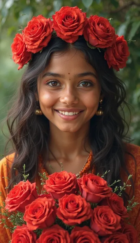 An Indian girl wearing a red flower crown is smiling as she holds a bunch of roses in her hand to create a front facing half photo of herself.