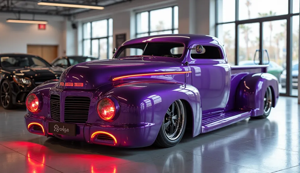 "A realistic, high-quality image of a modern sports car seen from the right side view, resembling a 1954 dodge Ram vintage Pickup restmod . The car is purple with glossy paint and a sleek, aerodynamic design. It has four large, round exhaust pipes and a wi...