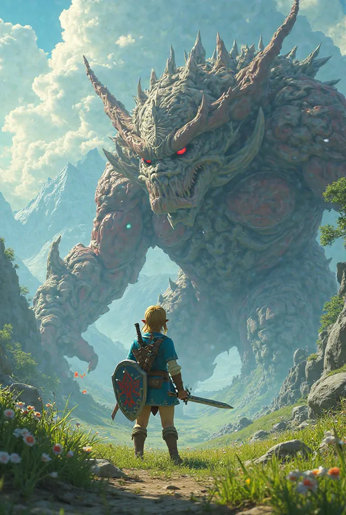 Fait moi des image realiste d’un nouveaux jeu zelda ou link ce bas contre un boss en t’inspirant de breath of the wild