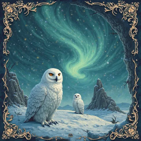 Northern Lights black metal album cover, tundra and polar owls.  Bilibin style 