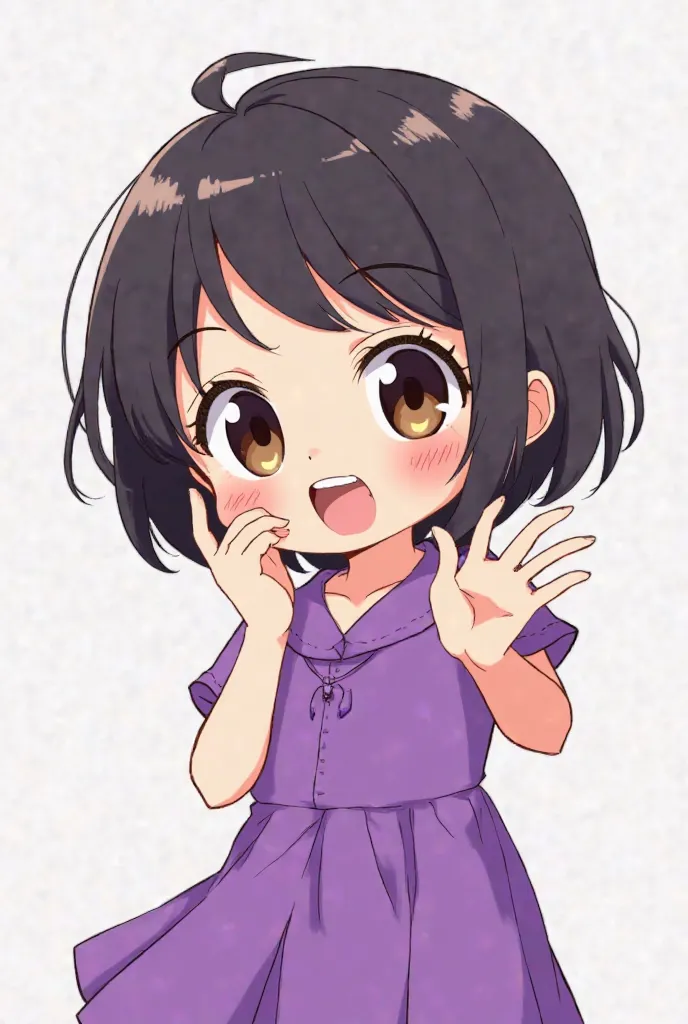  emotes , anime chibi,  white-skinned woman, dark brown eyes,  short dark hair, purple clothes
