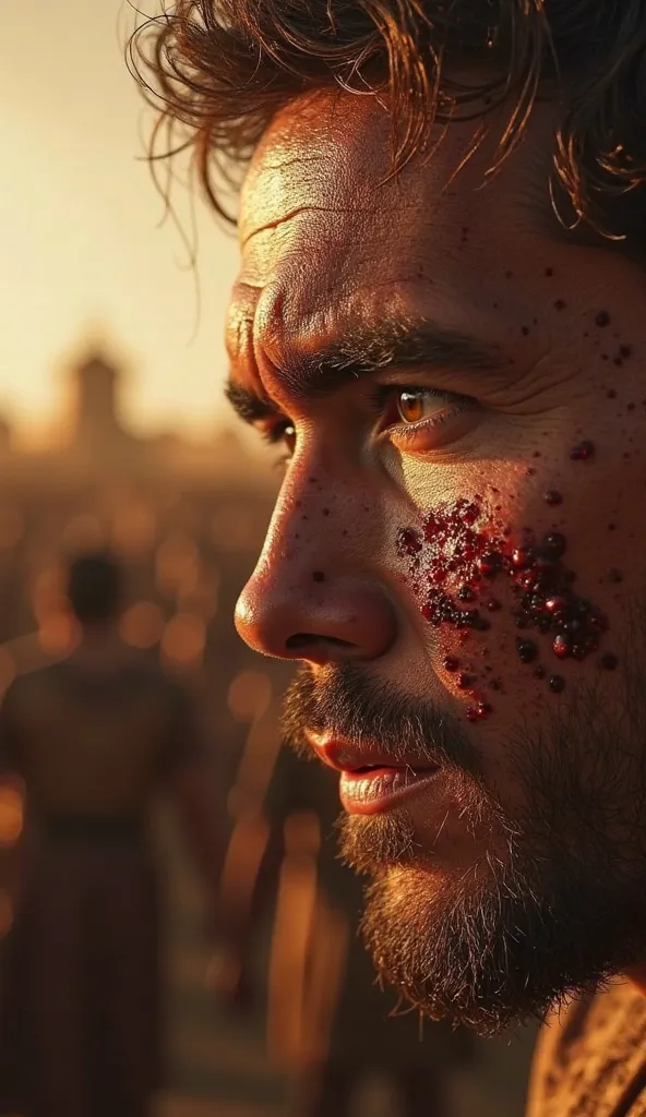 Create an Ultra-Realistic Cinematic Close-up Image of Pedro's Face, wounded but determined, with lips uttering words. In the background, a Hebrew phrase fading into thin air (“Obey God”). Golden light illuminates your eyes, while Roman soldiers are out of ...