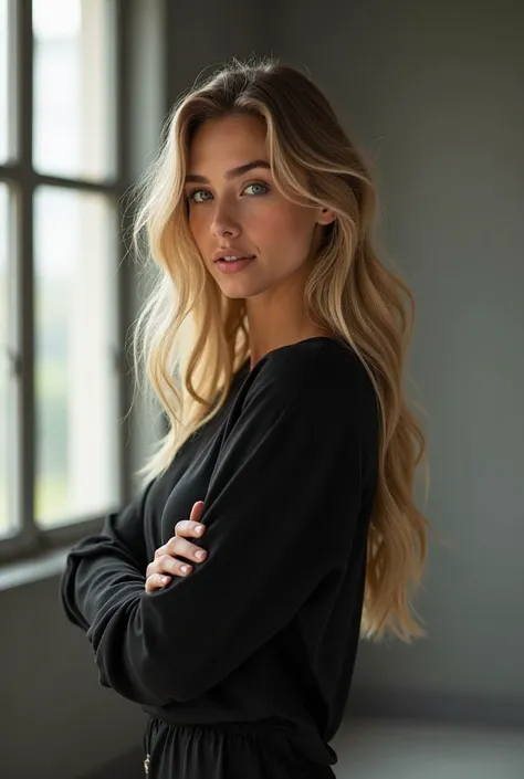 A young blond Brazilian woman with long hair in a gray room with a window behind it,  wearing a black shirt, showing her natural charm and outgoing personality and with her back to me.