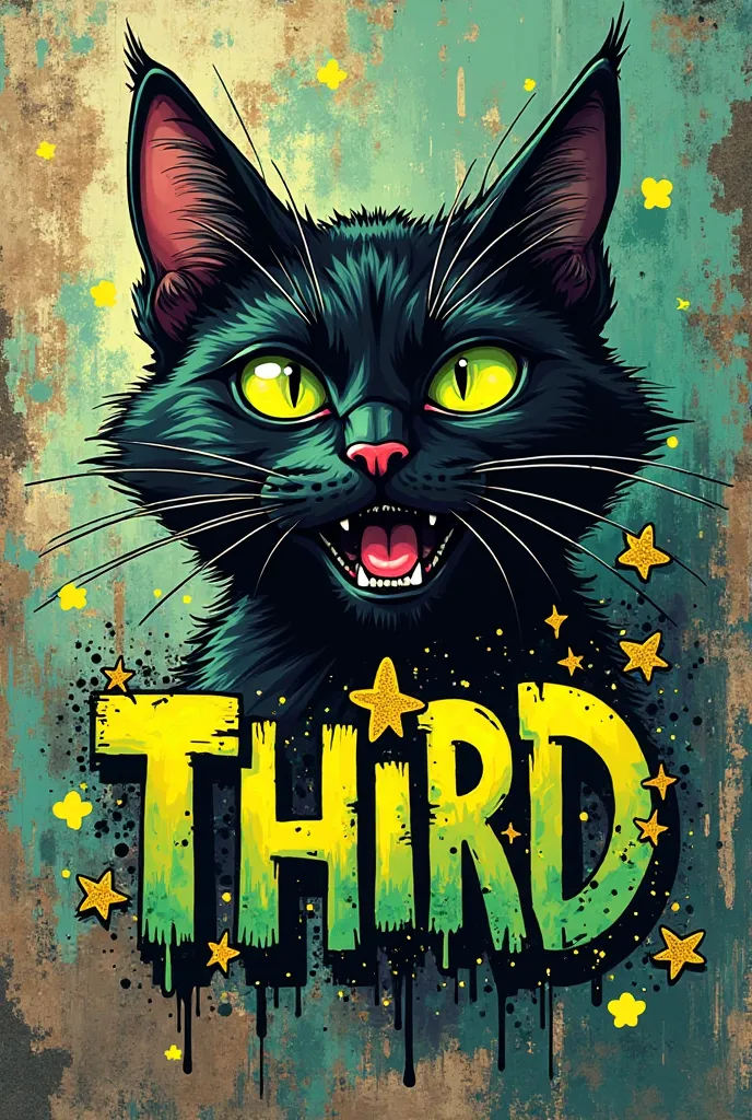 a graffiti of the head of a black cat animated with words written like graffiti saying third and stars in dark black and green tones as if it were wallpaper 