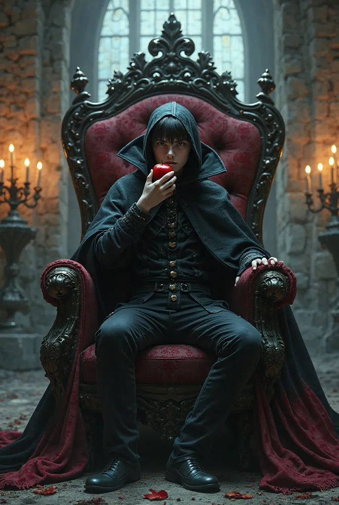  vampire boy wearing gothic black attire and cape while biting an apple and sitting on a throne in a haunted castle 