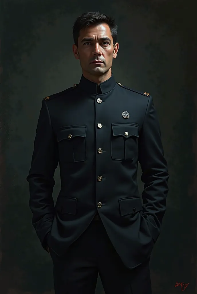 portrait of a male doctor,  dark background , the man has a dark doctor's uniform 