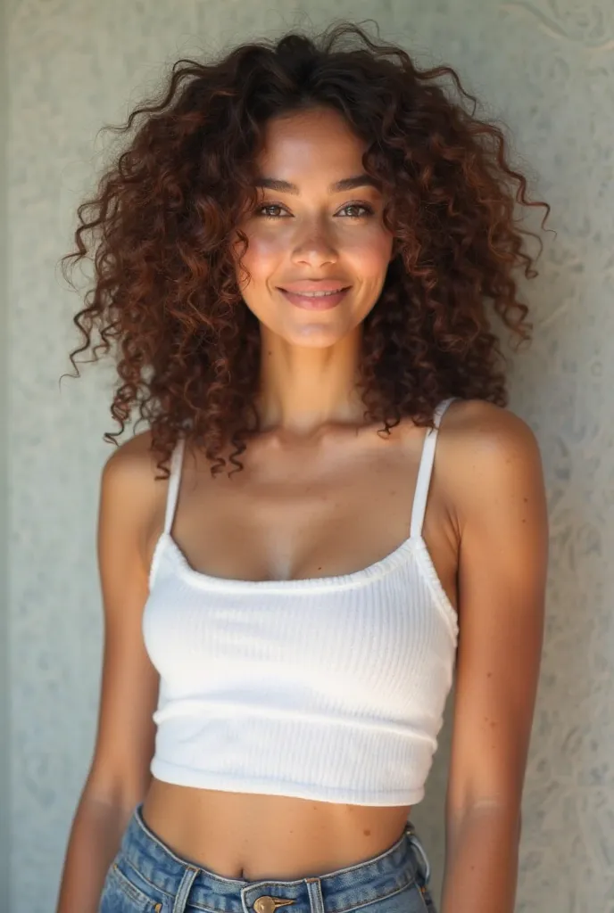 Brazilian woman, 25 years,  Brown skin, curly brown hair,  Light Smile , usando cropped branco e jeans