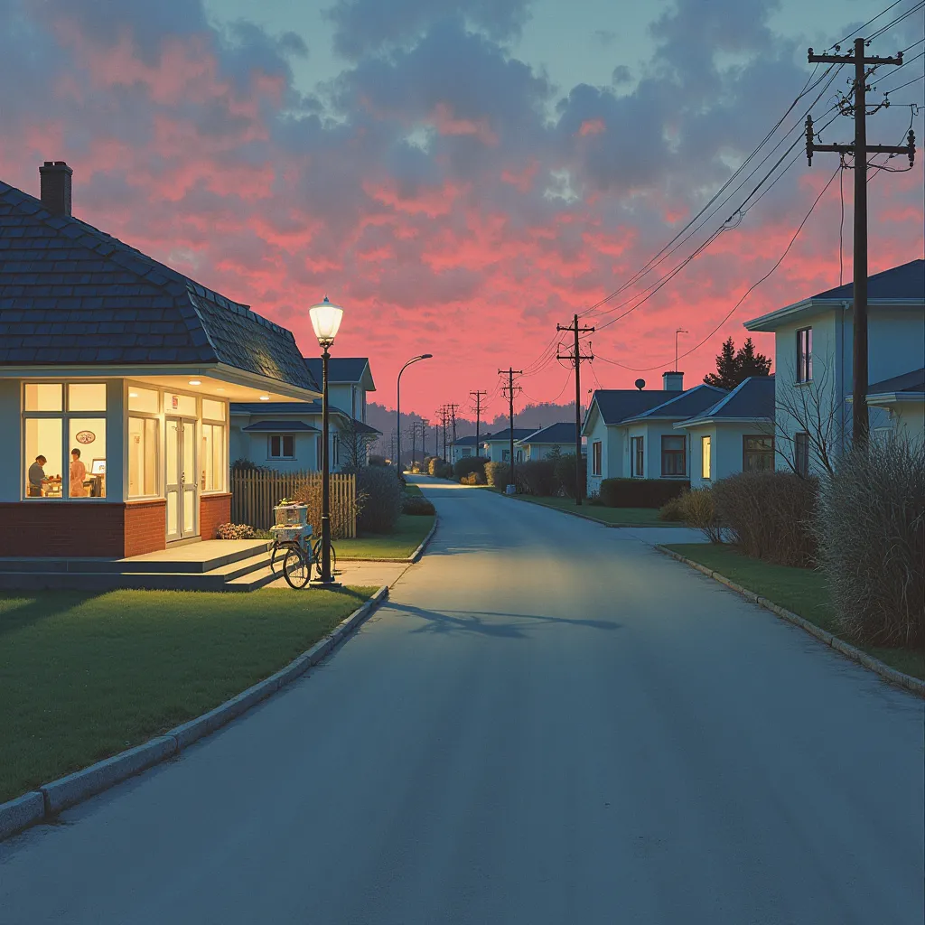 Hirhiroshi nagai painting. Sleep paralysis. Retro futuristic. Mundane liminal suburban town, low income. Poland.