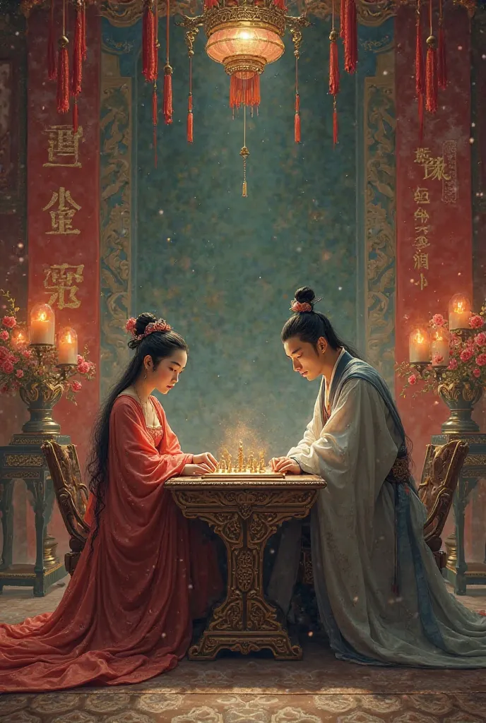 Create a picture of princess ruyi and king zhou playing a game of chess 