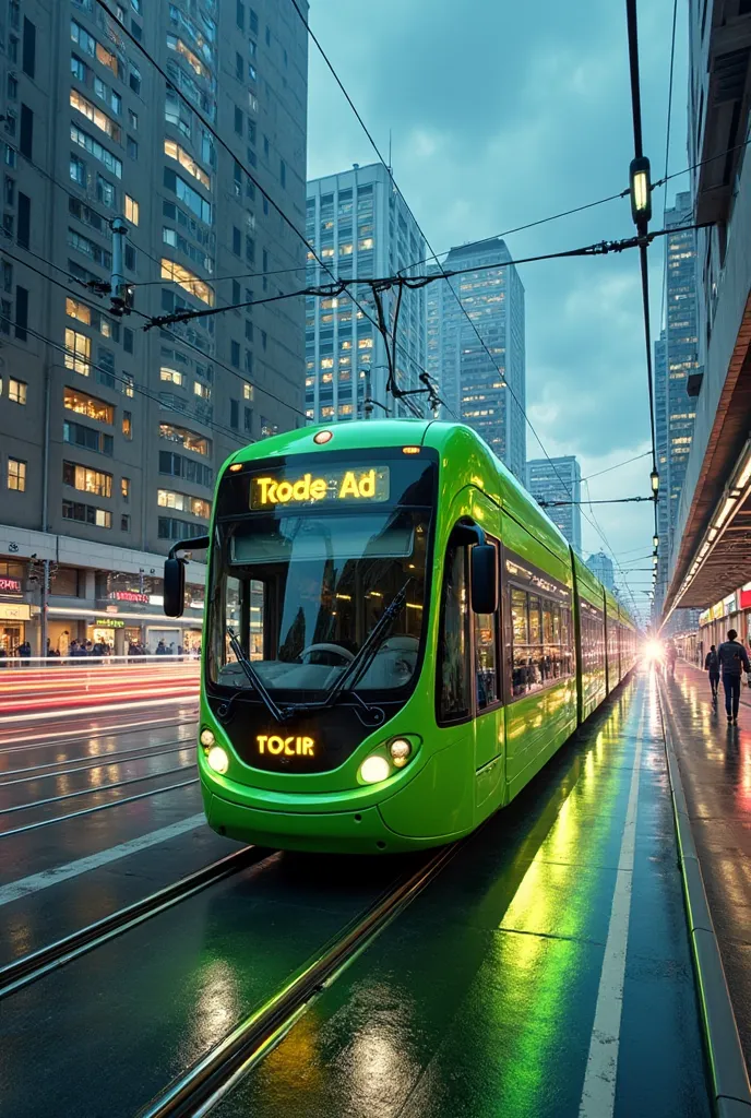 Tramino S105p In the background you can see a lively urban landscape with high-rise buildings and train lines, which reflect traffic and modern life. The tram tracks run along the horizon. The atmosphere is futuristic and energetic, with illuminated lights...