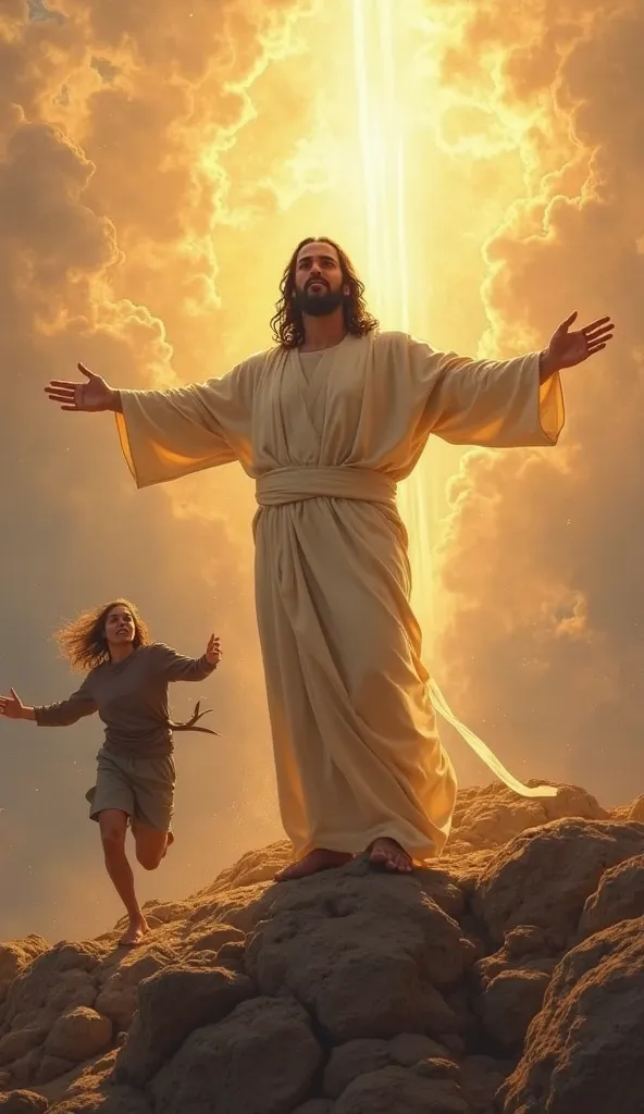 "Jesus stands with open arms on a mountaintop, golden rays of light shining from Him. A person runs toward Him, overwhelmed with gratitude, as the sky opens in a heavenly glow."