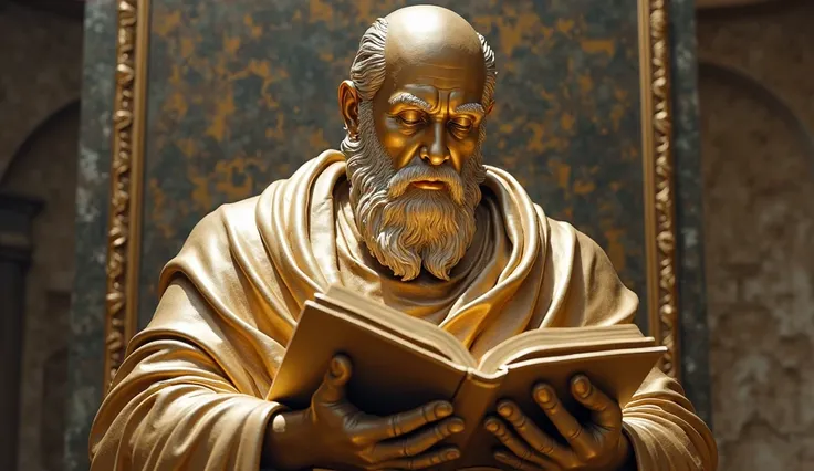 15. A grand, golden statue of a Stoic philosopher with eyes closed in deep contemplation, his hands resting on an ancient book – ultra-detailed, elegant composition.
