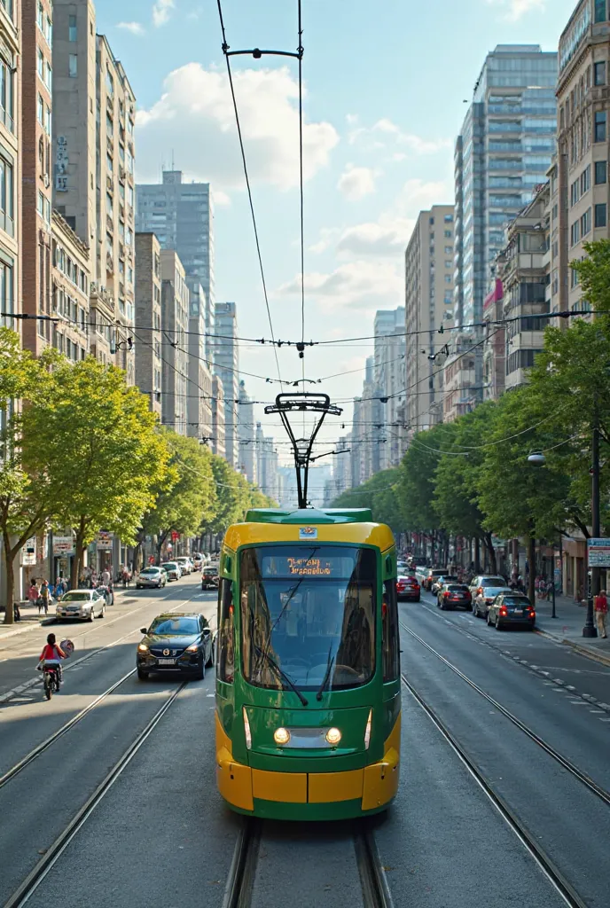 Tramino S105p In the background you can see a lively urban landscape with high-rise buildings and train lines, which reflect traffic and modern life. The tram tracks run along the horizon. Tramino S105p consists of green colors and yellow accents
