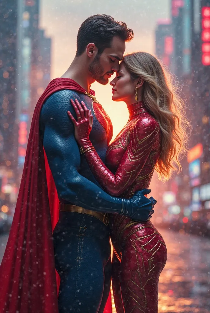 Super heroes man and woman hugging